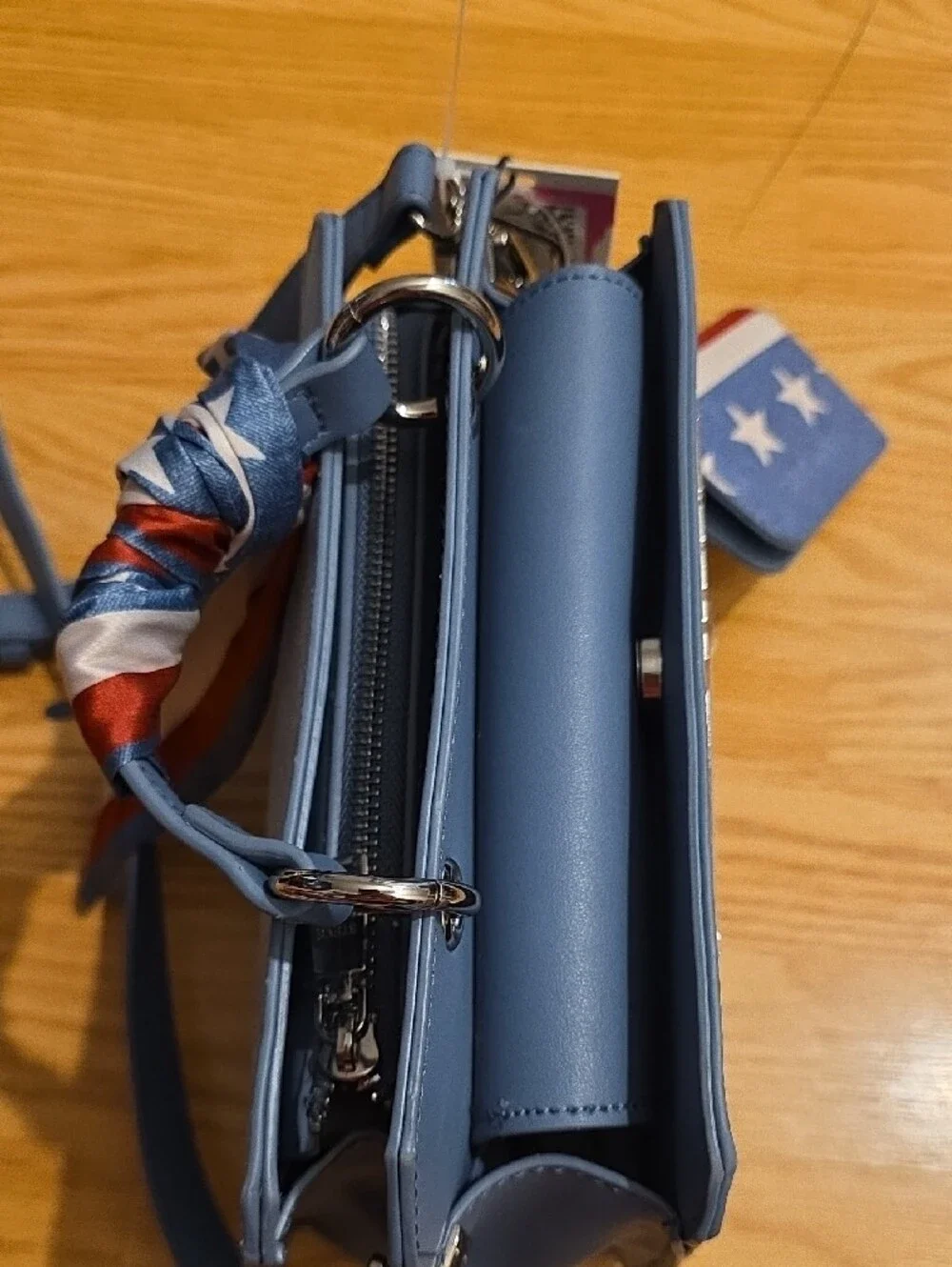 Steve Madden Light Blue Bevlynn Denim Stachel with Patriotic Wallet Charm
